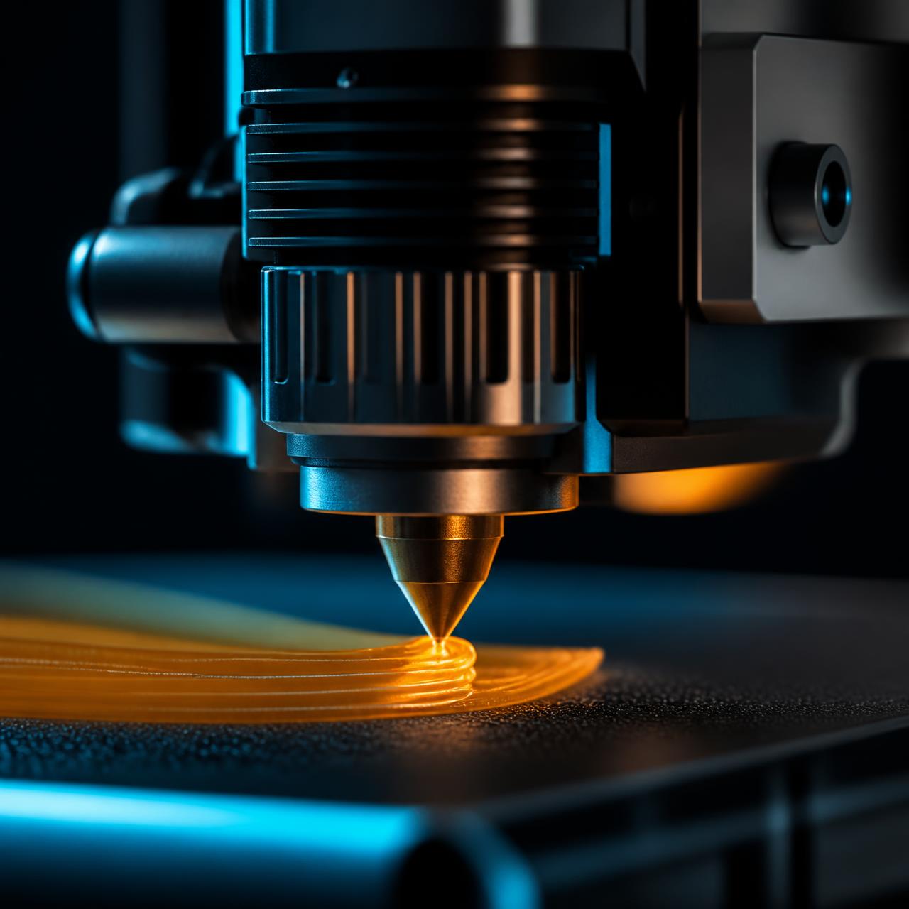 Close-up of a 3D printer nozzle extruding a filament layer